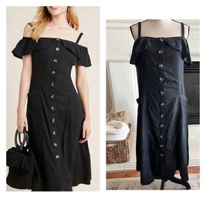 Anthropologie Black off the shoulder big pockets button front midi dress 14